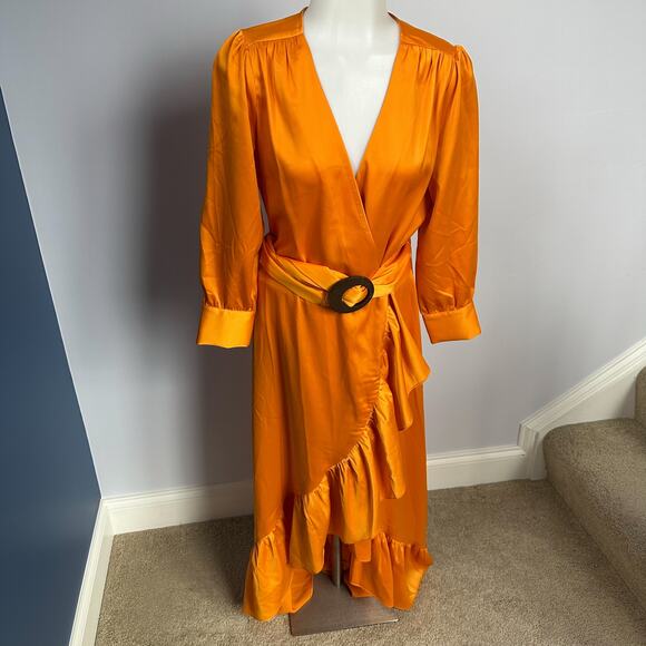 WAYF Goldenrod Marigold Orange Savoia Belted Wrap Midi SizeS - Picture 2 of 7